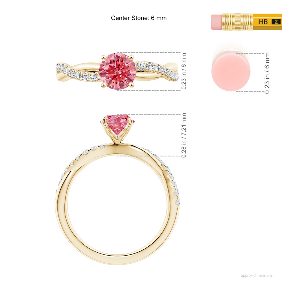 6mm Labgrown Solitaire Lab-Grown Fancy Intense Pink Diamond Twist Shank Engagement Ring with Accents in Yellow Gold ruler