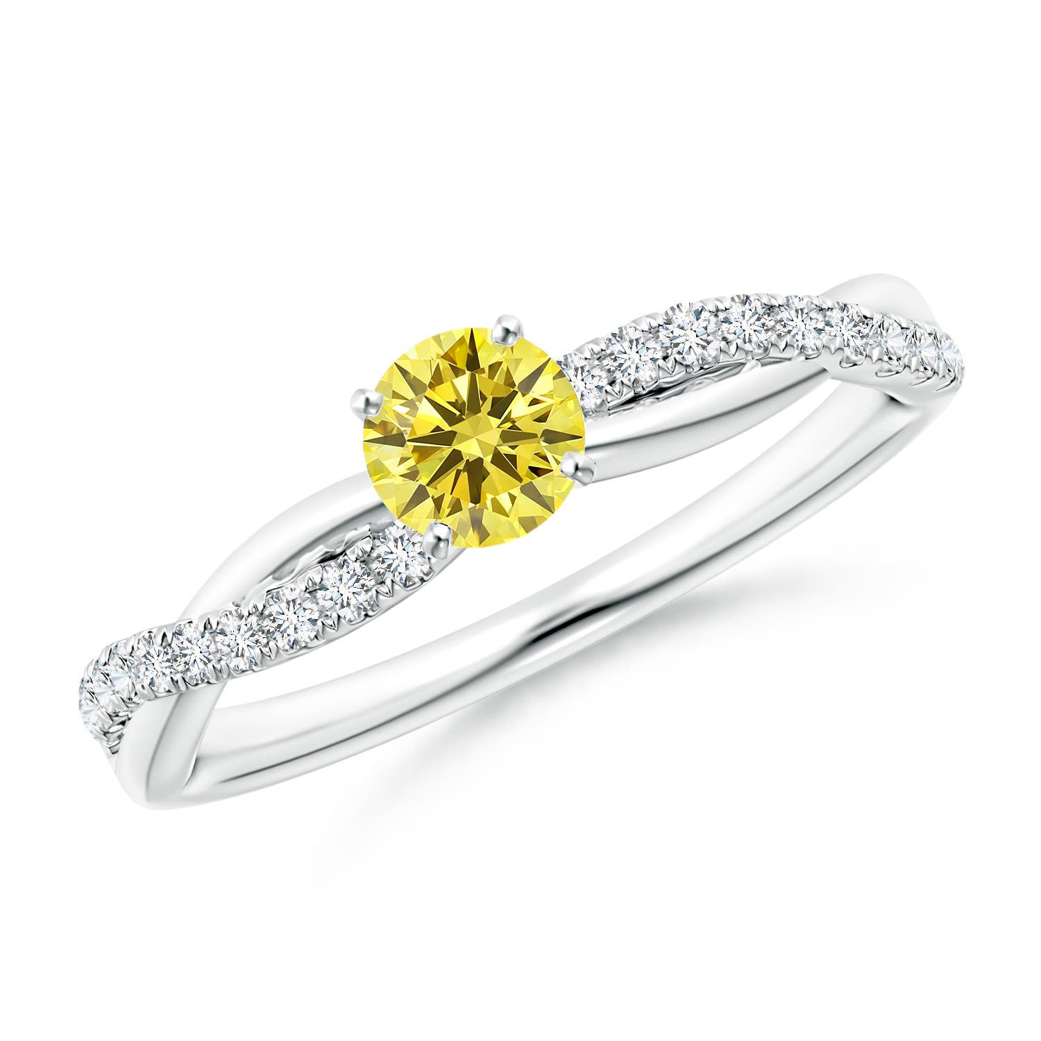 4.5mm Labgrown Solitaire Lab-Grown Fancy Intense Yellow Diamond Twist Shank Engagement Ring with Accents in 18K White Gold