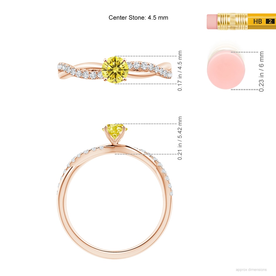 4.5mm Labgrown Solitaire Lab-Grown Fancy Intense Yellow Diamond Twist Shank Engagement Ring with Accents in Rose Gold ruler