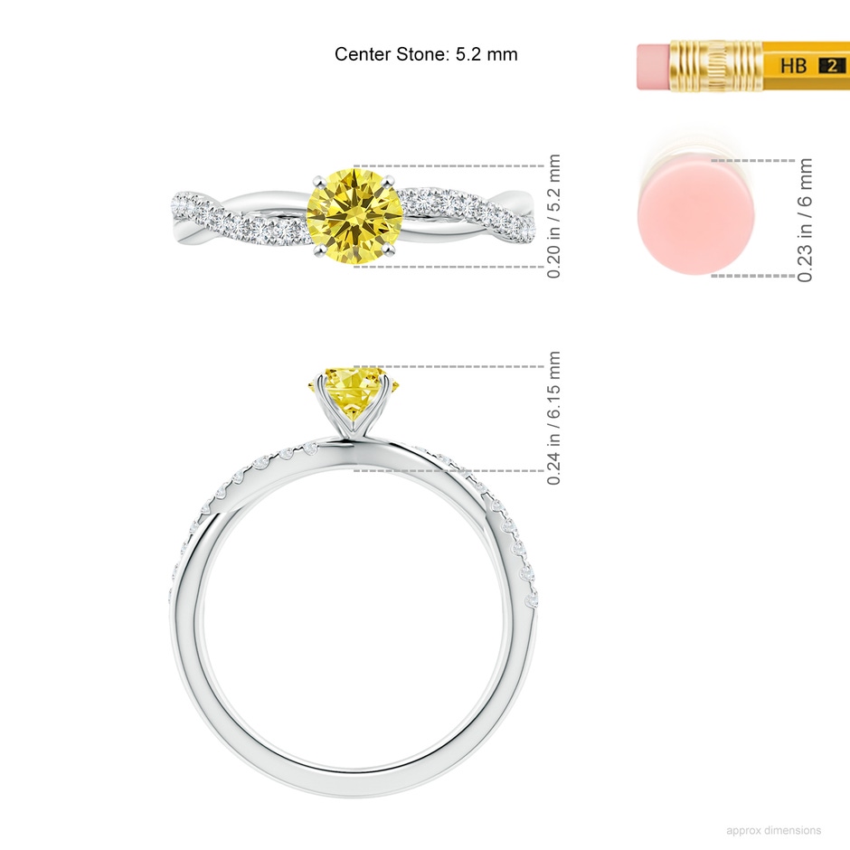 5.2mm Labgrown Solitaire Lab-Grown Fancy Intense Yellow Diamond Twist Shank Engagement Ring with Accents in White Gold ruler