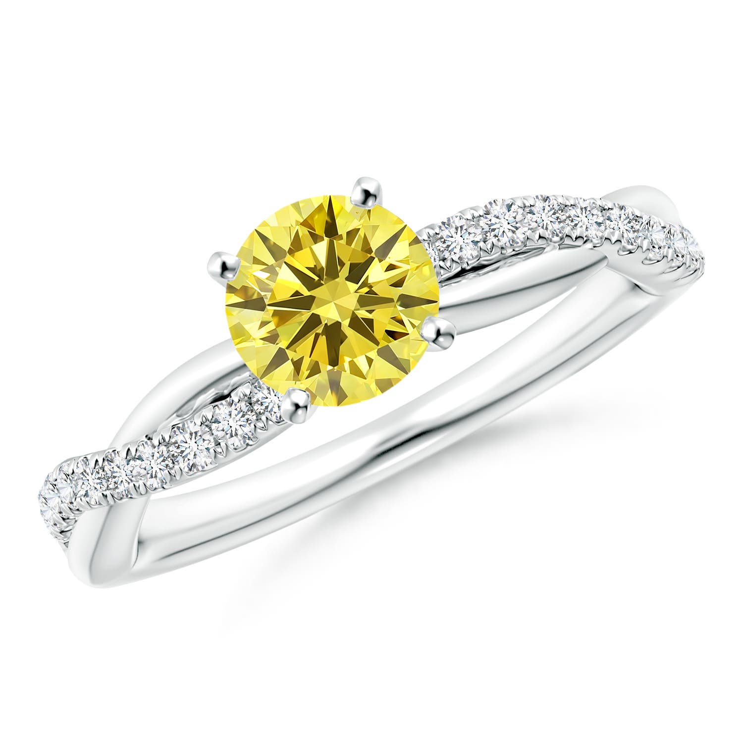 6mm Labgrown Solitaire Lab-Grown Fancy Intense Yellow Diamond Twist Shank Engagement Ring with Accents in White Gold