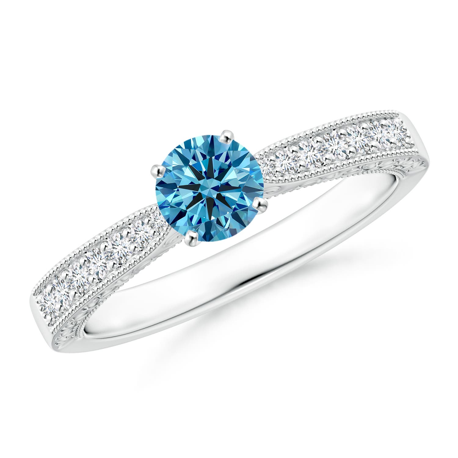 4.6mm Labgrown Lab-Grown Fancy Intense Blue Diamond Solitaire Engraved Engagement Ring with Accents in 18K White Gold