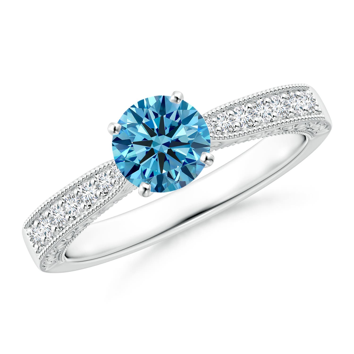 5.4mm Labgrown Lab-Grown Fancy Intense Blue Diamond Solitaire Engraved Engagement Ring with Accents in 18K White Gold