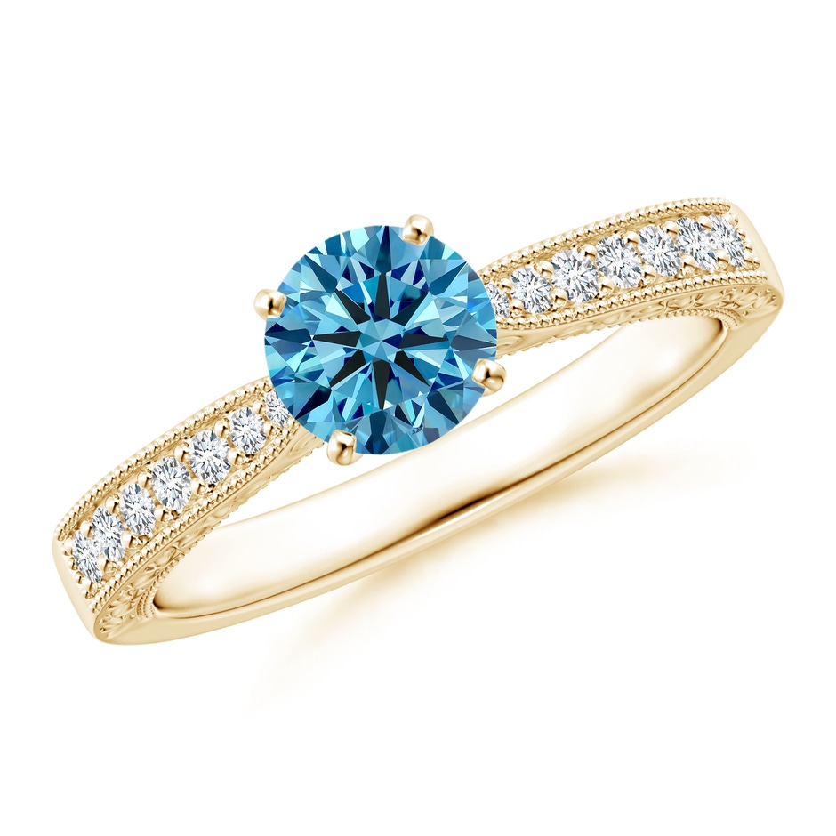 5.4mm Labgrown Lab-Grown Fancy Intense Blue Diamond Solitaire Engraved Engagement Ring with Accents in 18K Yellow Gold 