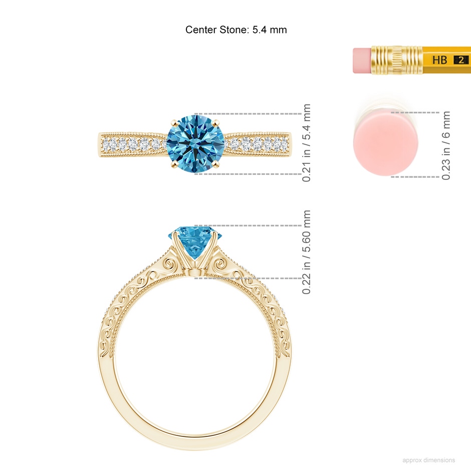 5.4mm Labgrown Lab-Grown Fancy Intense Blue Diamond Solitaire Engraved Engagement Ring with Accents in 18K Yellow Gold ruler