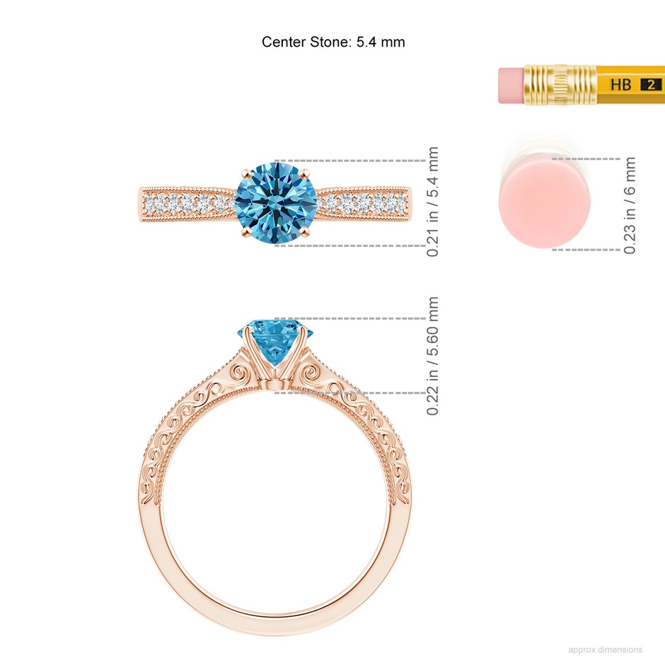 5.4mm Labgrown Lab-Grown Fancy Intense Blue Diamond Solitaire Engraved Engagement Ring with Accents in Rose Gold ruler