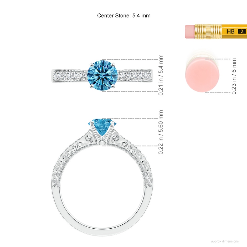 5.4mm Labgrown Lab-Grown Fancy Intense Blue Diamond Solitaire Engraved Engagement Ring with Accents in White Gold ruler