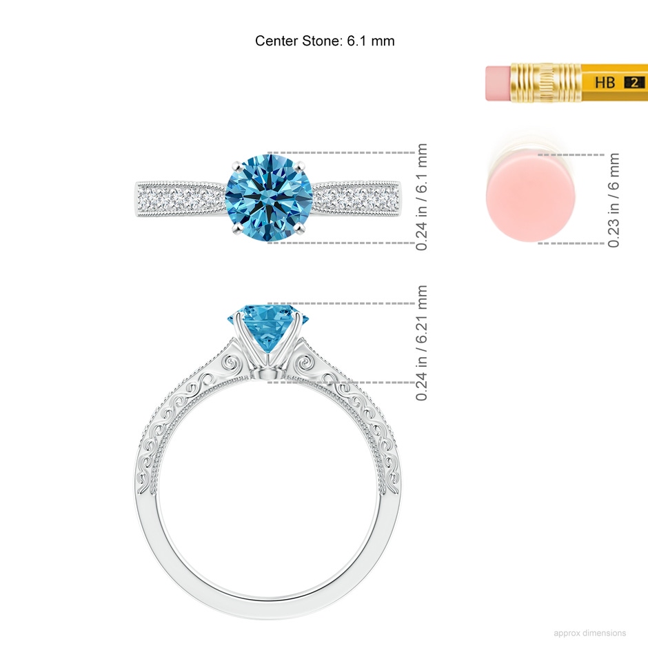 6.1mm Labgrown Lab-Grown Fancy Intense Blue Diamond Solitaire Engraved Engagement Ring with Accents in White Gold ruler
