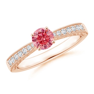 4.6mm Labgrown Lab-Grown Fancy Intense Pink Diamond Solitaire Engraved Engagement Ring with Accents in Rose Gold