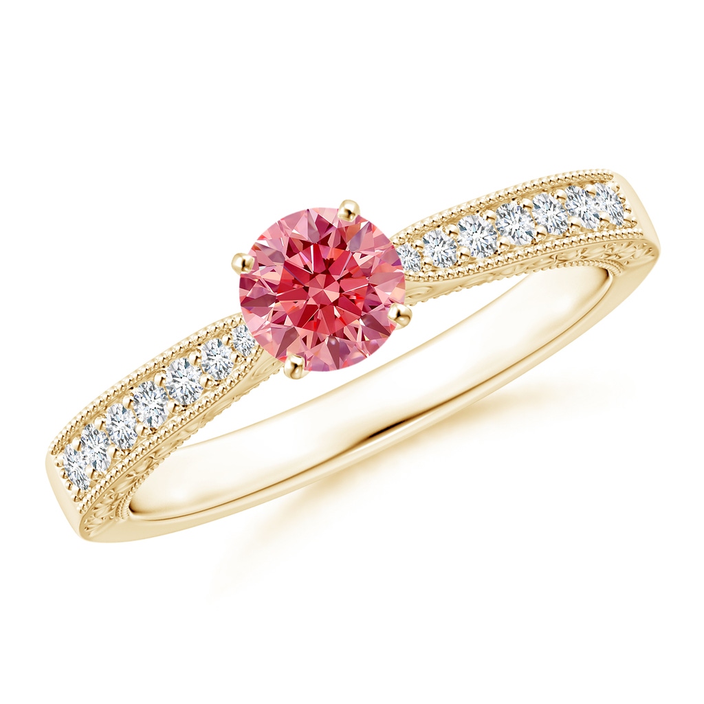 4.6mm Labgrown Lab-Grown Fancy Intense Pink Diamond Solitaire Engraved Engagement Ring with Accents in Yellow Gold