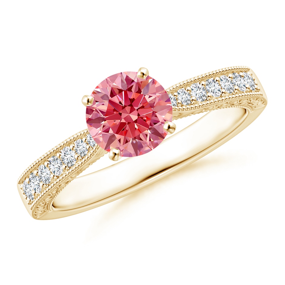 6.1mm Labgrown Lab-Grown Fancy Intense Pink Diamond Solitaire Engraved Engagement Ring with Accents in Yellow Gold 