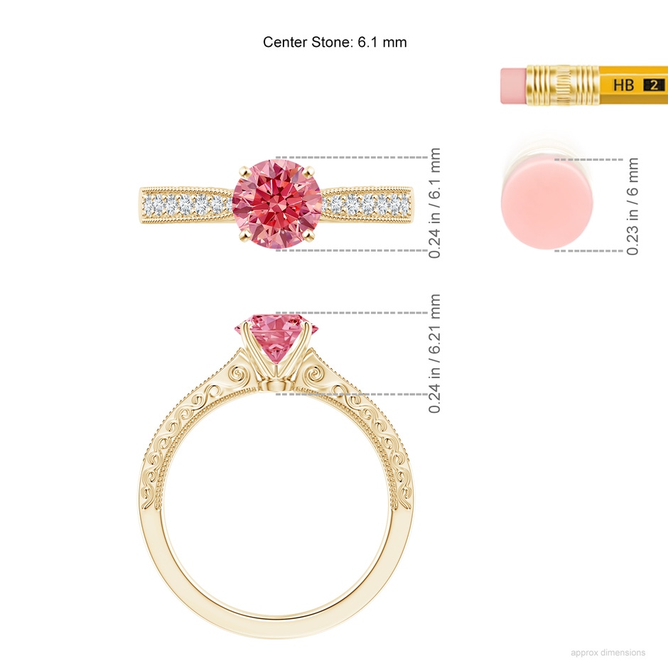 6.1mm Labgrown Lab-Grown Fancy Intense Pink Diamond Solitaire Engraved Engagement Ring with Accents in Yellow Gold ruler