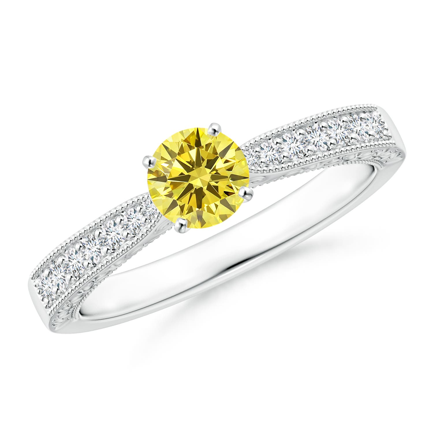 4.6mm Labgrown Lab-Grown Fancy Intense Yellow Diamond Solitaire Engraved Engagement Ring with Accents in 18K White Gold
