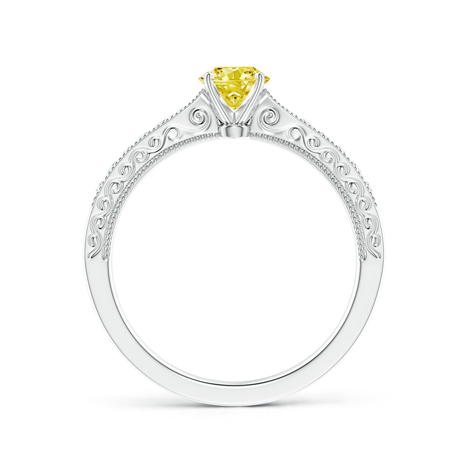 4.6mm Labgrown Lab-Grown Fancy Intense Yellow Diamond Solitaire Engraved Engagement Ring with Accents in 18K White Gold
