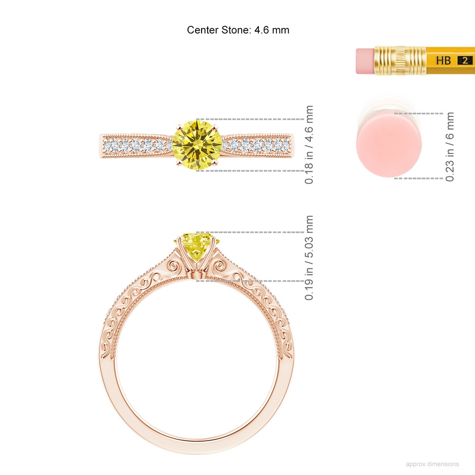 4.6mm Labgrown Lab-Grown Fancy Intense Yellow Diamond Solitaire Engraved Engagement Ring with Accents in Rose Gold ruler