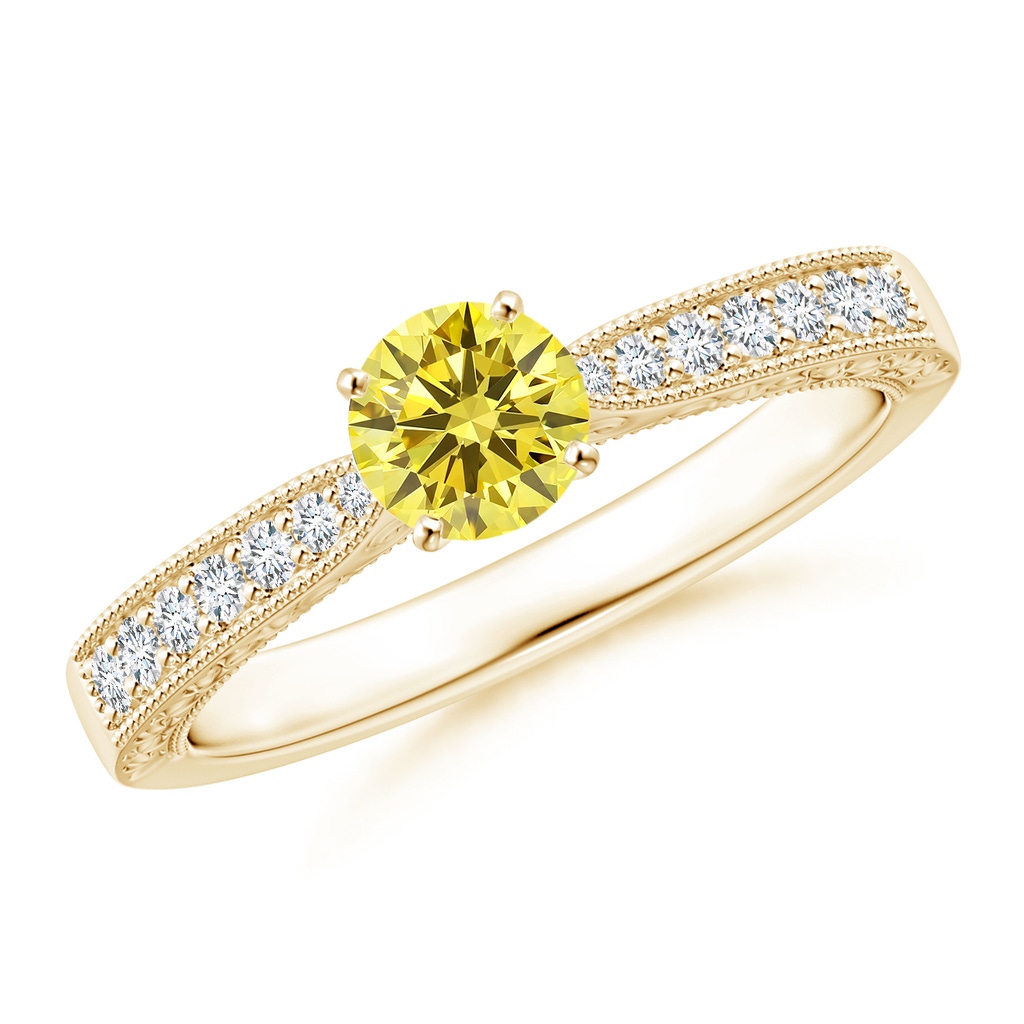 4.6mm Labgrown Lab-Grown Fancy Intense Yellow Diamond Solitaire Engraved Engagement Ring with Accents in Yellow Gold