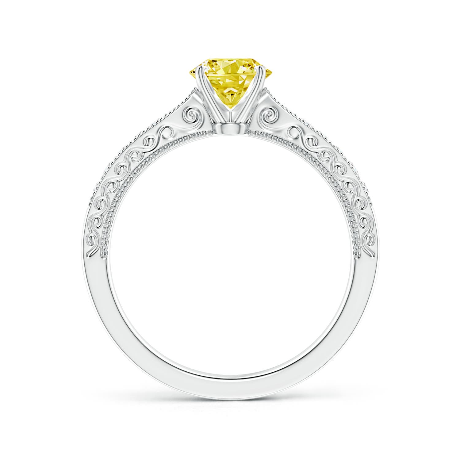 5.4mm Labgrown Lab-Grown Fancy Intense Yellow Diamond Solitaire Engraved Engagement Ring with Accents in White Gold - side 2