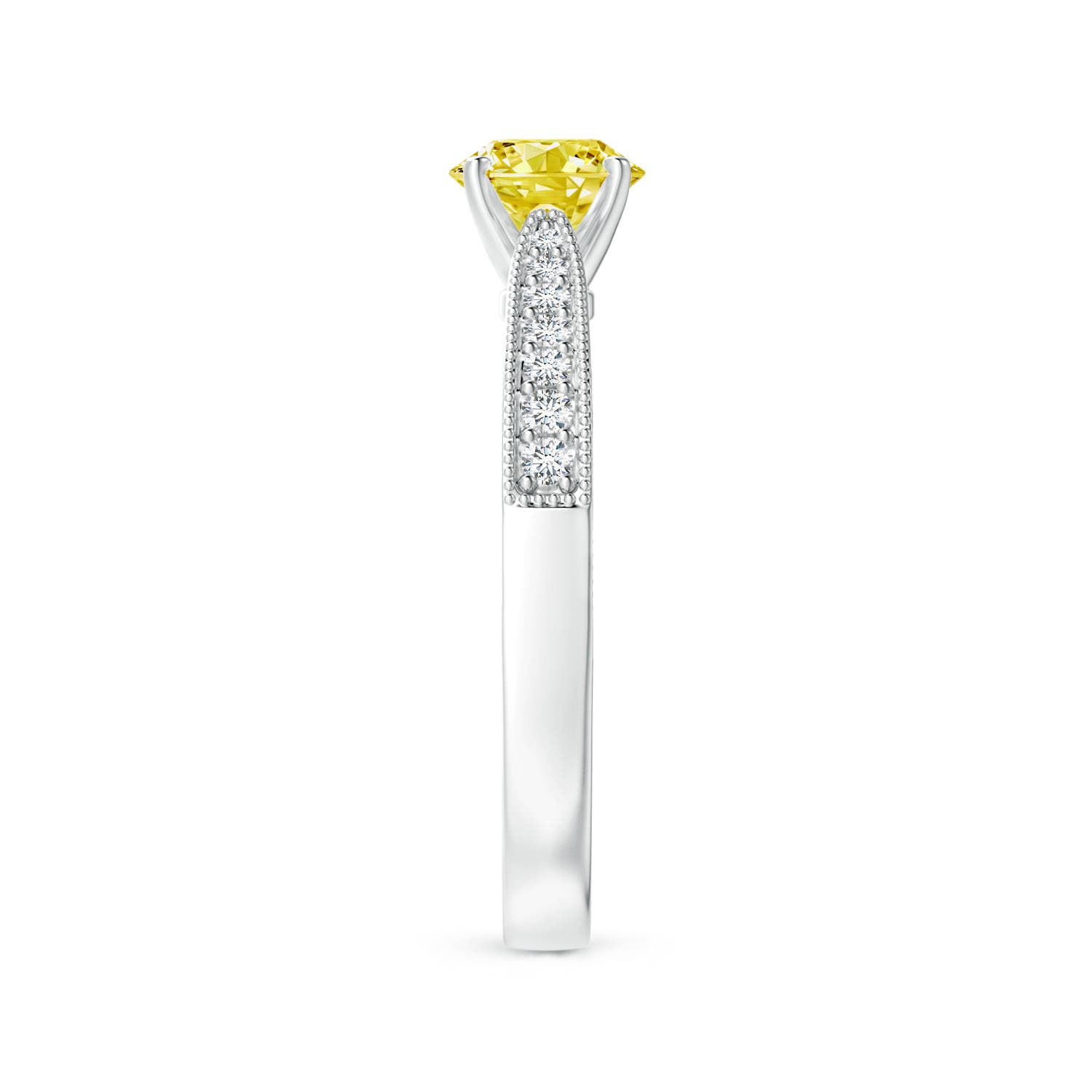 5.4mm Labgrown Lab-Grown Fancy Intense Yellow Diamond Solitaire Engraved Engagement Ring with Accents in White Gold - side 3