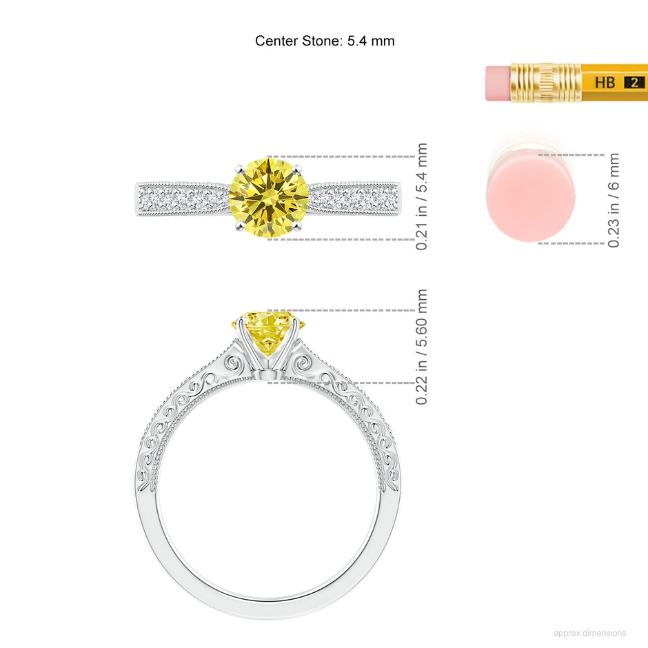 5.4mm Labgrown Lab-Grown Fancy Intense Yellow Diamond Solitaire Engraved Engagement Ring with Accents in White Gold ruler