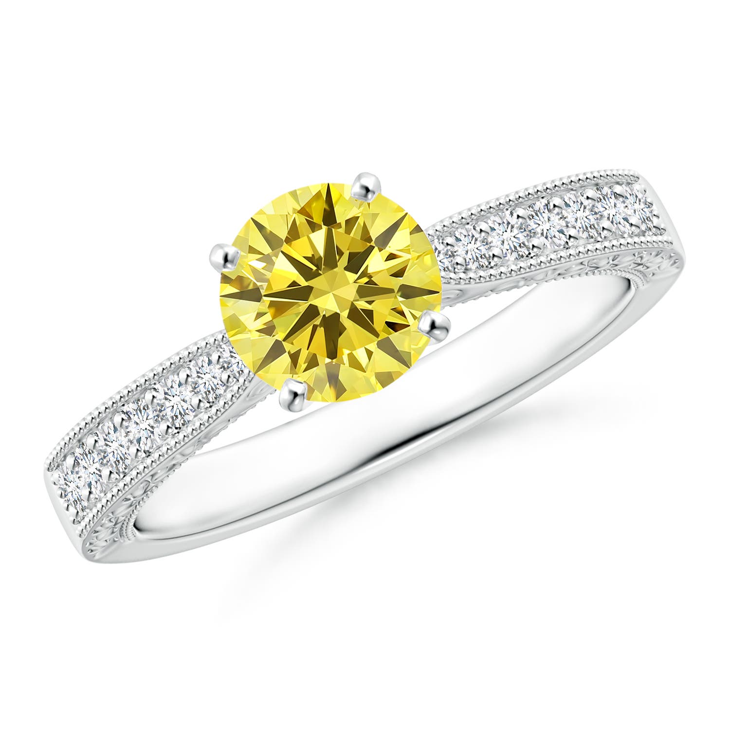 6.1mm Labgrown Lab-Grown Fancy Intense Yellow Diamond Solitaire Engraved Engagement Ring with Accents in 18K White Gold