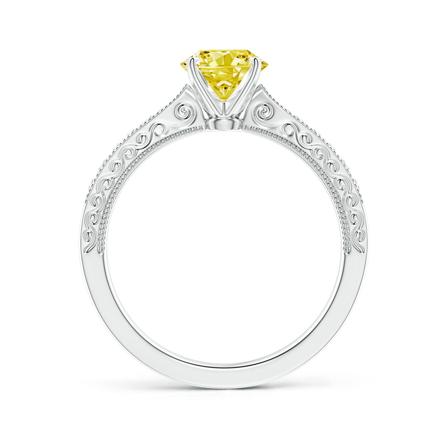6.1mm Labgrown Lab-Grown Fancy Intense Yellow Diamond Solitaire Engraved Engagement Ring with Accents in 18K White Gold