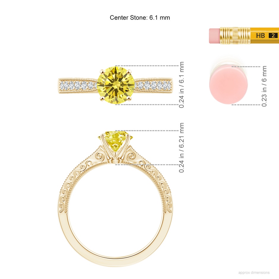 6.1mm Labgrown Lab-Grown Fancy Intense Yellow Diamond Solitaire Engraved Engagement Ring with Accents in 18K Yellow Gold ruler