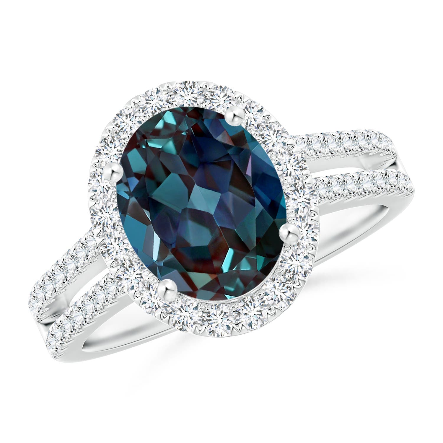 10x8mm Labgrown Oval Lab-Grown Alexandrite Split Shank Halo Ring with Diamonds in 18K White Gold