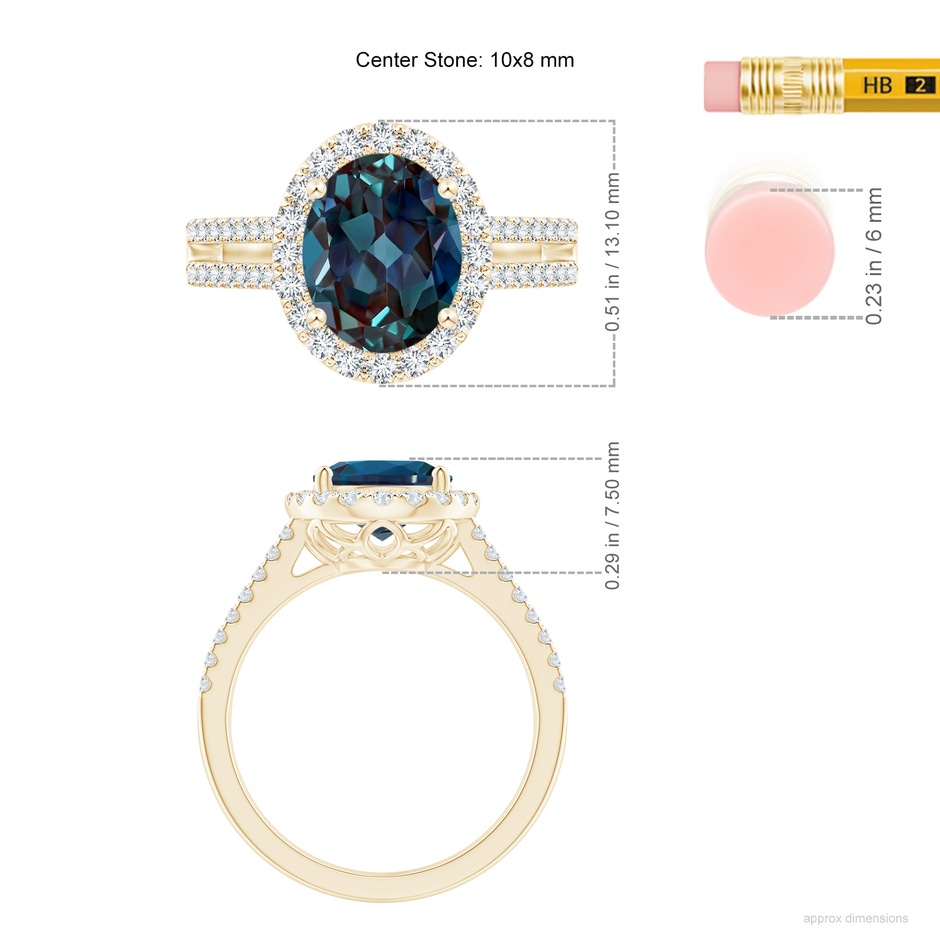 10x8mm Labgrown Oval Lab-Grown Alexandrite Split Shank Halo Ring with Diamonds in 18K Yellow Gold ruler