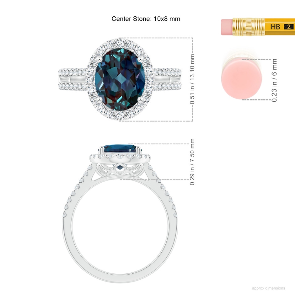 10x8mm Labgrown Oval Lab-Grown Alexandrite Split Shank Halo Ring with Diamonds in White Gold ruler