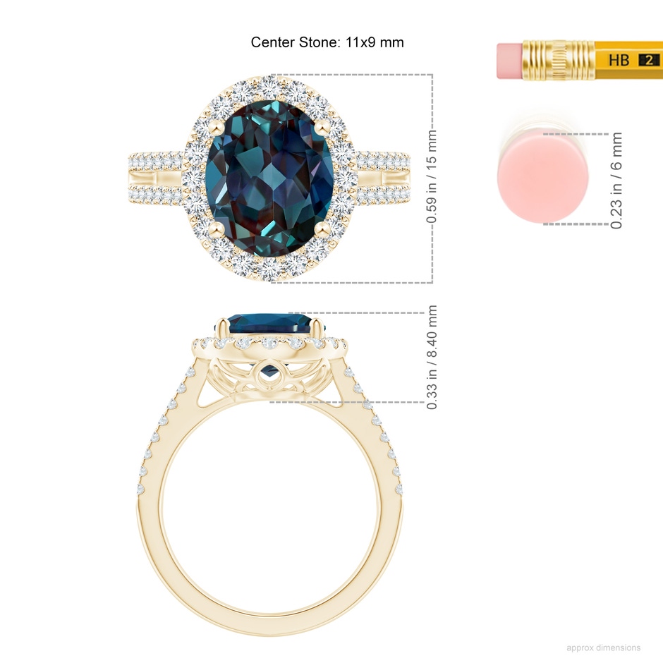 11x9mm Labgrown Oval Lab-Grown Alexandrite Split Shank Halo Ring with Diamonds in 18K Yellow Gold ruler