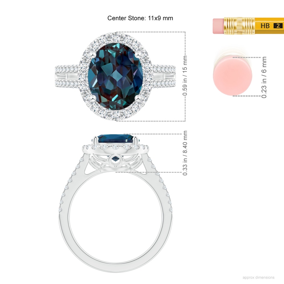 11x9mm Labgrown Oval Lab-Grown Alexandrite Split Shank Halo Ring with Diamonds in P950 Platinum ruler