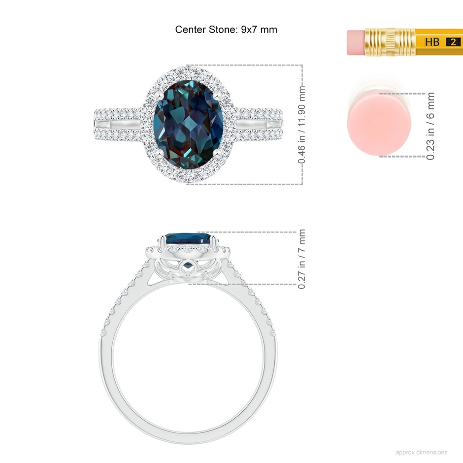 9x7mm Labgrown Oval Lab-Grown Alexandrite Split Shank Halo Ring with Diamonds in P950 Platinum ruler