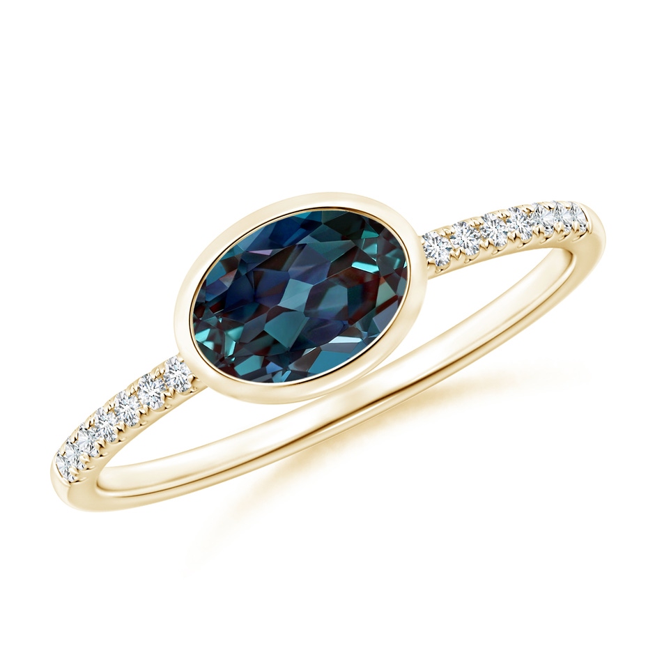 7x5mm Labgrown East-West Bezel-Set Oval Lab-Grown Alexandrite and Diamond Ring in 18K Yellow Gold 