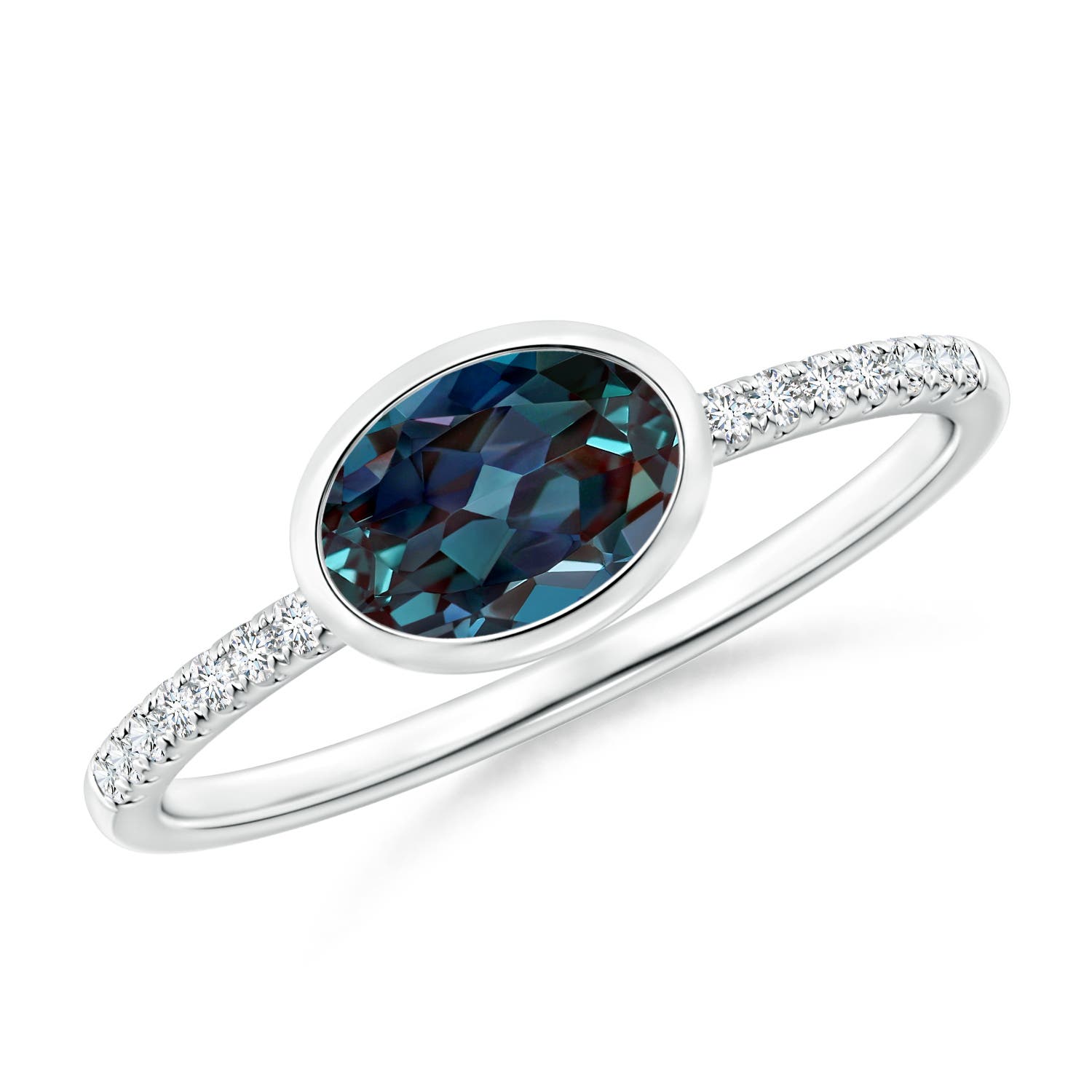 7x5mm Labgrown East-West Bezel-Set Oval Lab-Grown Alexandrite and Diamond Ring in White Gold