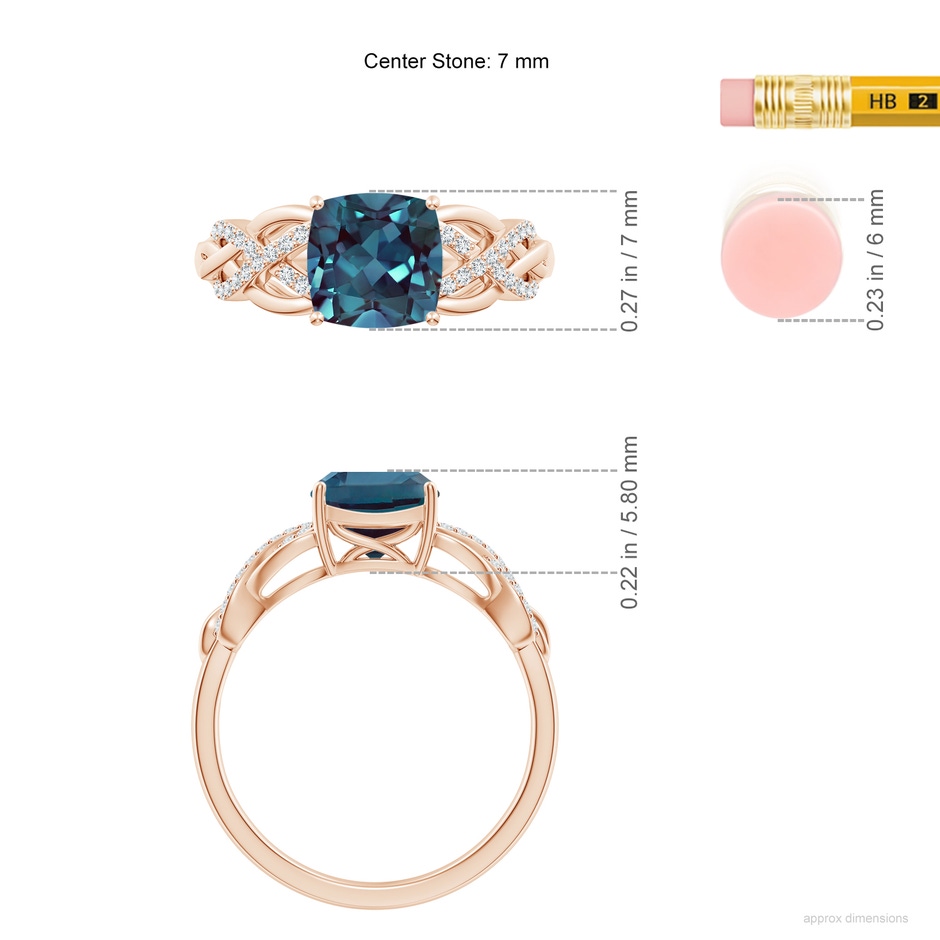 7mm Labgrown Criss Cross Shank Cushion Lab-Grown Alexandrite Engagement Ring in Rose Gold ruler