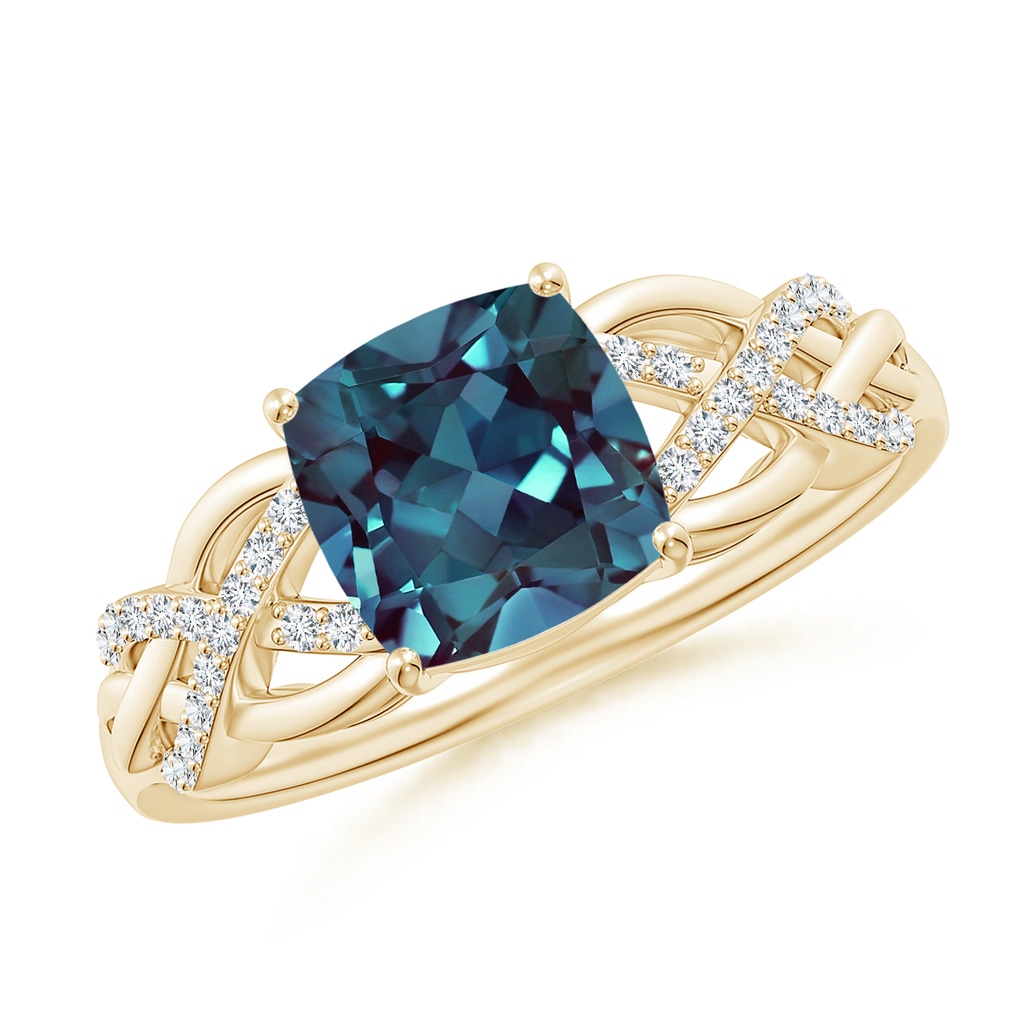 7mm Labgrown Criss Cross Shank Cushion Lab-Grown Alexandrite Engagement Ring in Yellow Gold