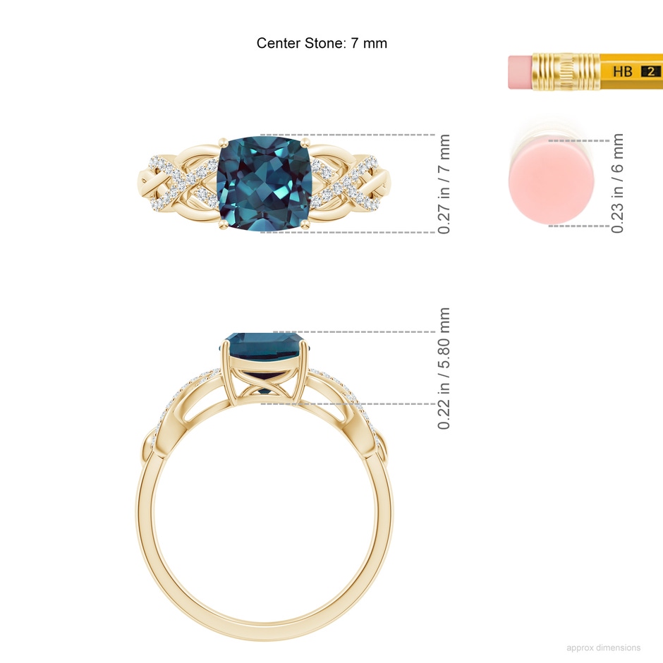 7mm Labgrown Criss Cross Shank Cushion Lab-Grown Alexandrite Engagement Ring in Yellow Gold ruler