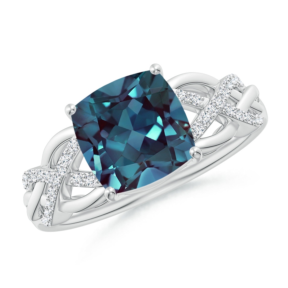 8mm Labgrown Criss Cross Shank Cushion Lab-Grown Alexandrite Engagement Ring in 18K White Gold 