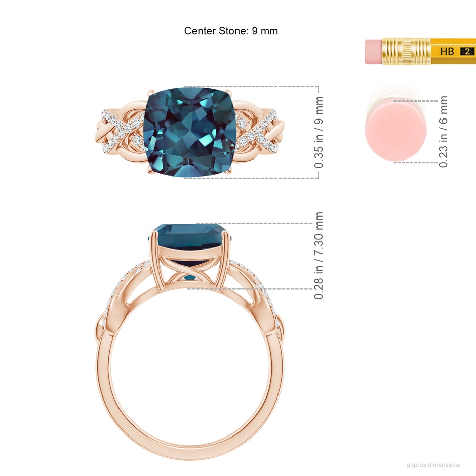 9mm Labgrown Criss Cross Shank Cushion Lab-Grown Alexandrite Engagement Ring in 18K Rose Gold ruler