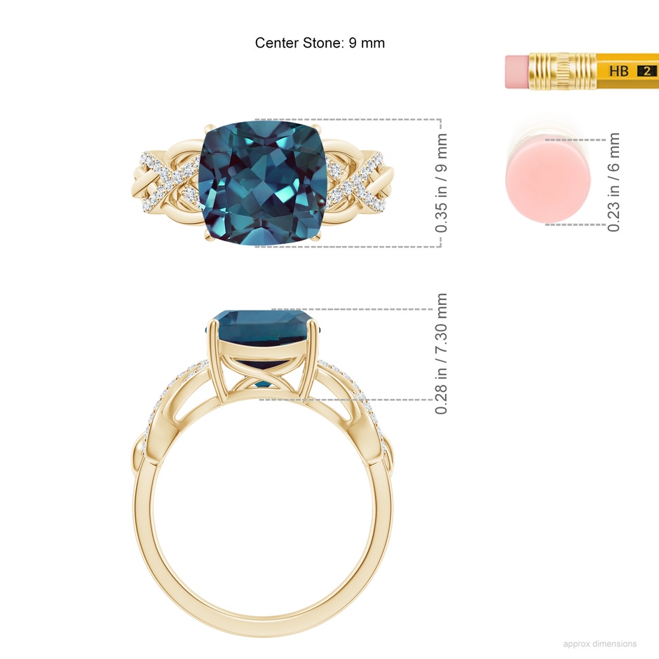9mm Labgrown Criss Cross Shank Cushion Lab-Grown Alexandrite Engagement Ring in Yellow Gold ruler