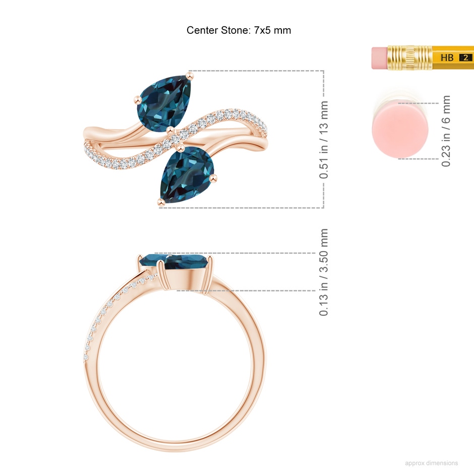 7x5mm Labgrown Pear-Shaped Lab-Grown Alexandrite Two-Stone Bypass Ring in Rose Gold ruler