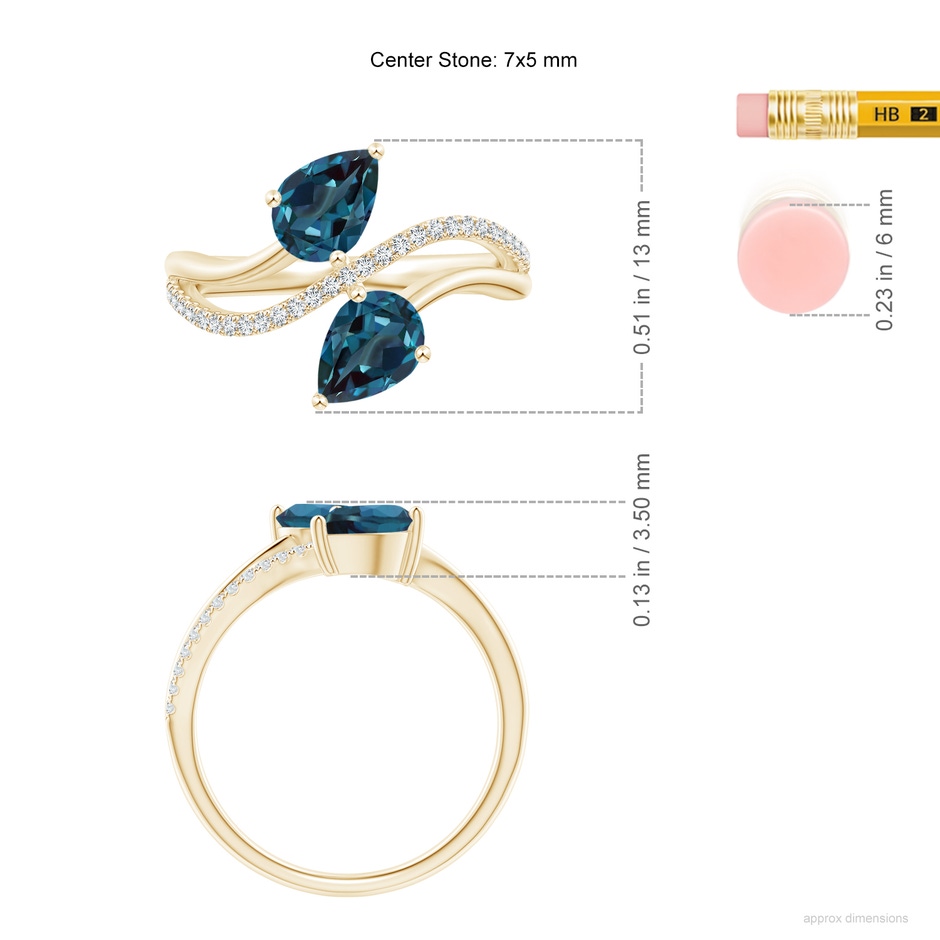 7x5mm Labgrown Pear-Shaped Lab-Grown Alexandrite Two-Stone Bypass Ring in Yellow Gold ruler