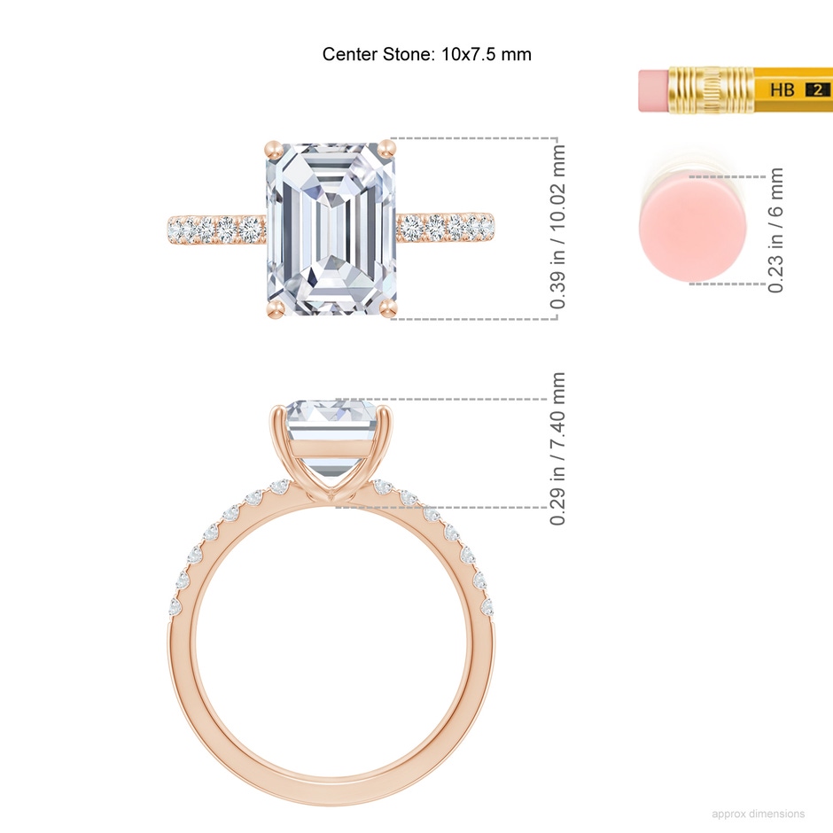 10x7.5mm FGVS Lab-Grown Emerald-Cut Diamond Engagement Ring with Lab Diamond Accents in Rose Gold ruler