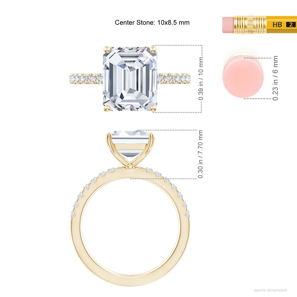 10x8.5mm FGVS Lab-Grown Emerald-Cut Diamond Engagement Ring with Lab Diamond Accents in 10K Yellow Gold ruler