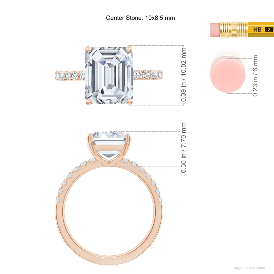 10x8.5mm FGVS Lab-Grown Emerald-Cut Diamond Engagement Ring with Lab Diamond Accents in Rose Gold ruler
