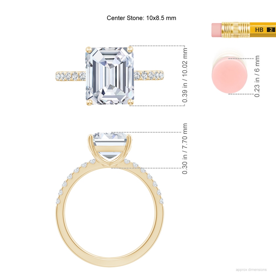 10x8.5mm FGVS Lab-Grown Emerald-Cut Diamond Engagement Ring with Lab Diamond Accents in Yellow Gold ruler