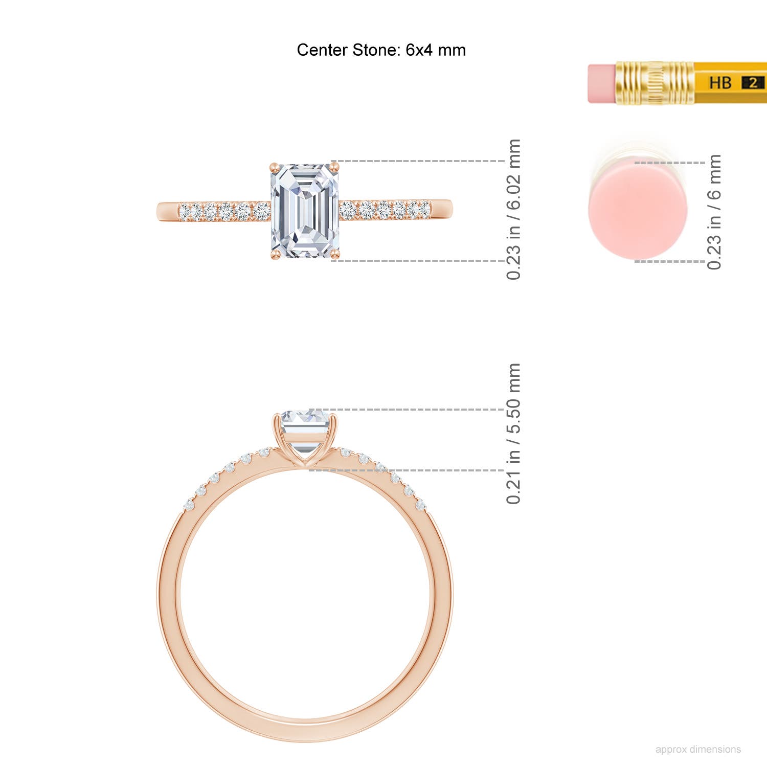 6x4mm FGVS Lab-Grown Emerald-Cut Diamond Engagement Ring with Lab Diamond Accents in Rose Gold - ruler