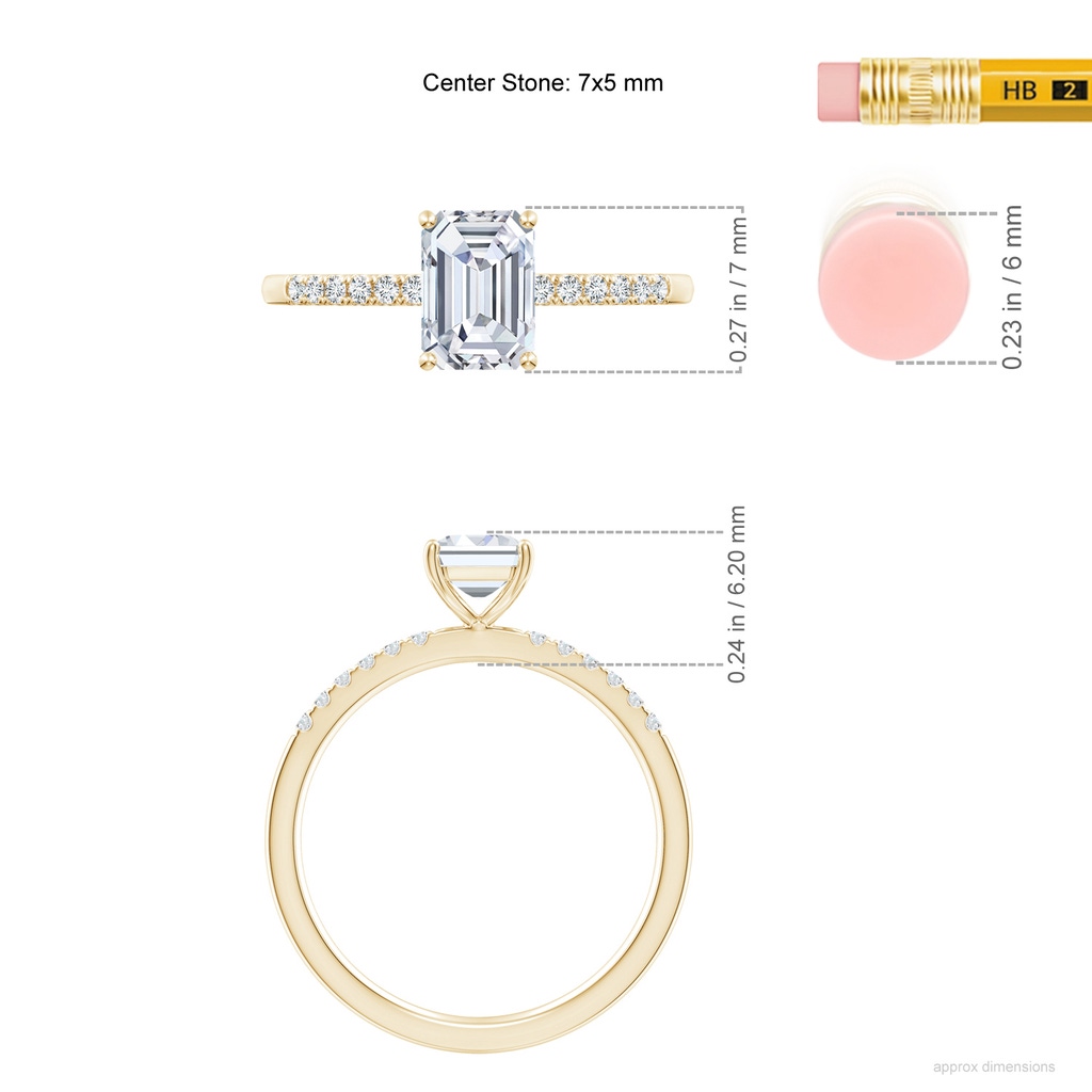 7x5mm FGVS Lab-Grown Emerald-Cut Diamond Engagement Ring with Lab Diamond Accents in Yellow Gold ruler