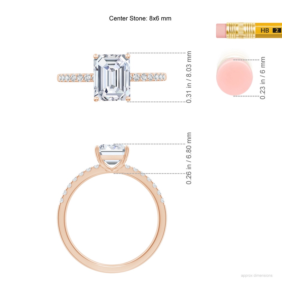 8x6mm FGVS Lab-Grown Emerald-Cut Diamond Engagement Ring with Lab Diamond Accents in Rose Gold ruler