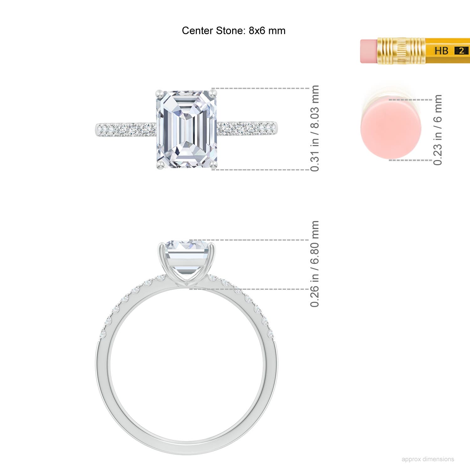 8x6mm FGVS Lab-Grown Emerald-Cut Diamond Engagement Ring with Lab Diamond Accents in White Gold - ruler